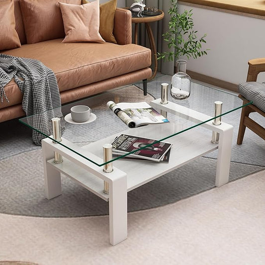 Glass Coffee Table Rectangle Living Room Center Table, with Transparent Tempered Glass Tabletop and White MDF Layer,for Living Room and Office, Transparent +White