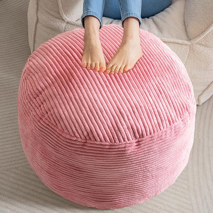 HIGOGOGO Round Stuffed Pouf Ottoman, Corduroy Poufs with Foam Chunk Filling, Furry and Fluffy Pouf Foot Stool Storage Ottoman, 26 X 18 Floor Poufs Foot Rest for Living Room, Pink