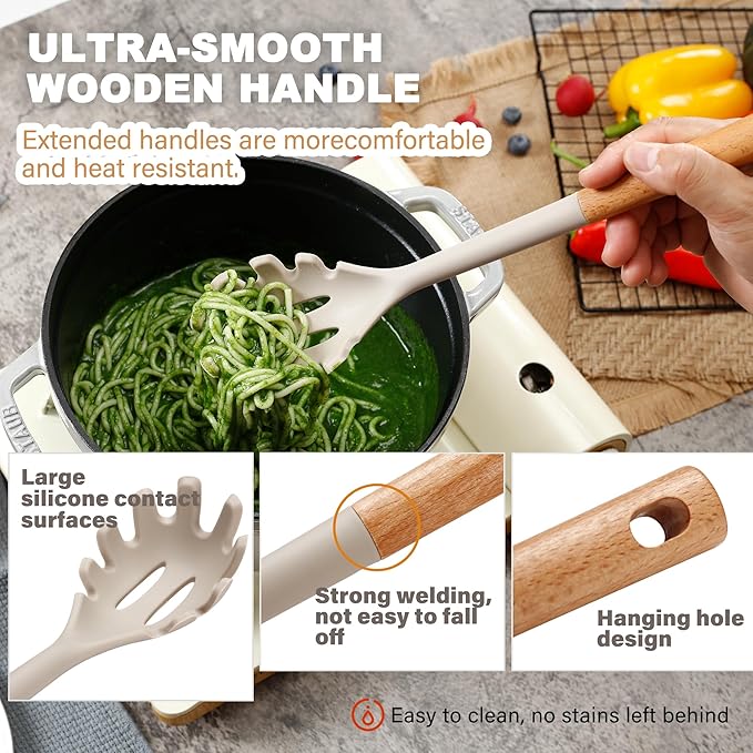 QMVESS Silicone Cooking Utensils Set, Kitchen Utensils Set 7 Pcs with Long Wooden Handle, Food Grade and Heat Resistant Large Silicone Spatula Set for Nonstick Cookware, BPA Free(Khaki)