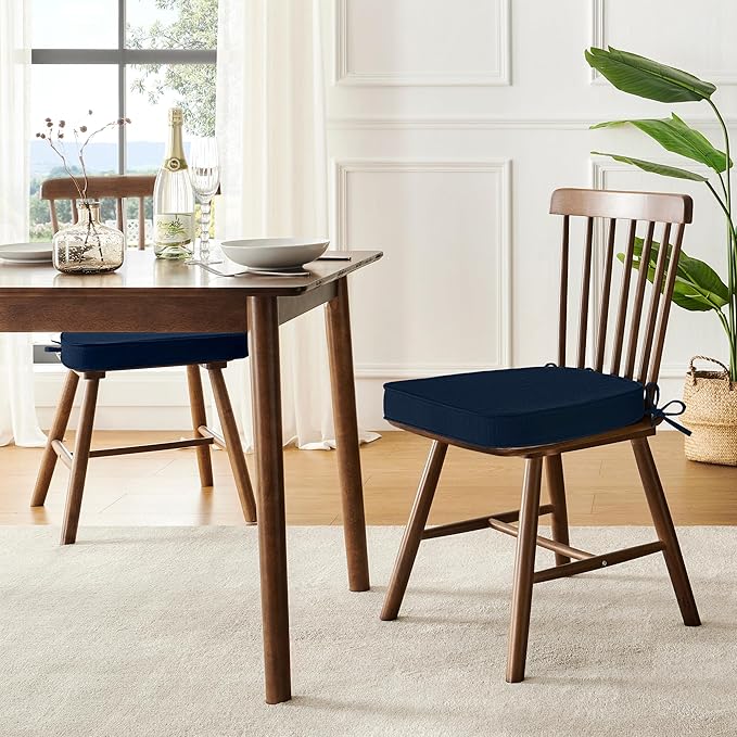 downluxe Chair Cushions for Dining Chairs, Waterproof Kitchen Chair Pads, Non-Slip Dining Seat Cushion with Ties, 17" x 16" x 2.5", Navy, 4 Pack