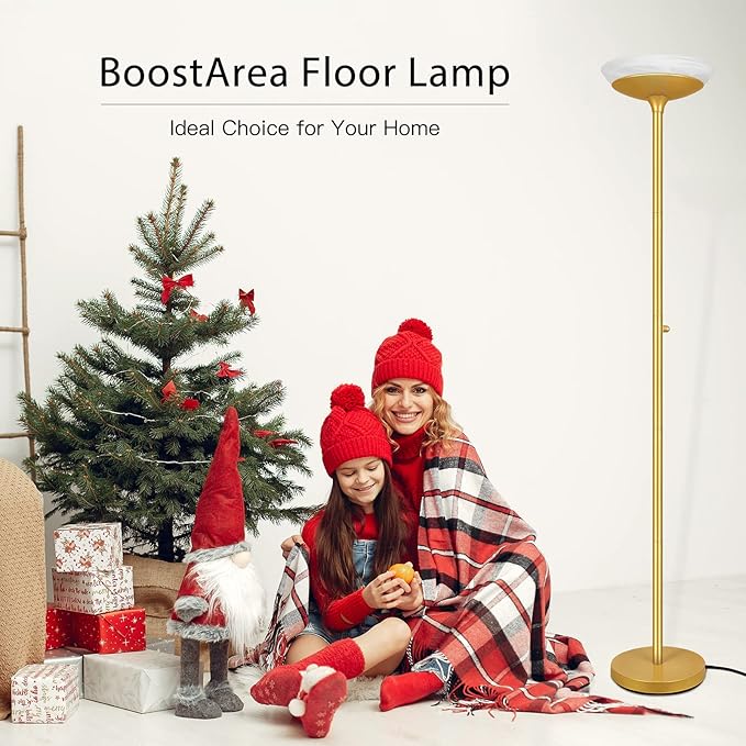 BoostArea Torchiere Floor Lamp, 24W Super Bright LED Standing Lamp, 3000K Stepless Dimmable Pole Lamp with Rotary Switch, 70 Inch Tall Metal Modern Floor Lamps for Living Room/Bedroom/Office/Den, Gold