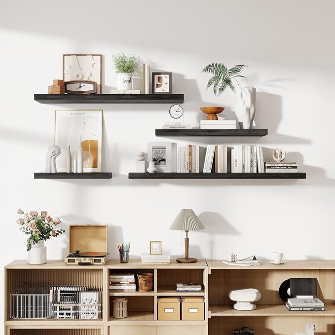 12 Inch Deep Floating Shelves, 24 Inch Long Floating Shelves for Wall, Floating Shelf with Invisible Brackets, Deep Shelves for Bathroom, Bedroom, Living Room, 2 Pack, Black