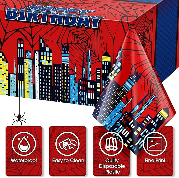 Oudain 3 Pcs Spider Tablecloth 108 x 54 in Red and Blue Plastic Disposable Table Covers City Web Theme Birthday Party Decorations Large Table Cloths for Party Indoor Outdoor (Birthday)