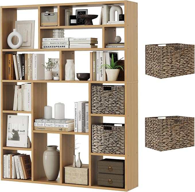 71" Tall 6-Tier Heavy Duty Bookcase with 2 Foldable Storage Baskets, 55" Wide Open Bookshelf with 16 Irregular Cubes for Living Room, Office (Yellow)