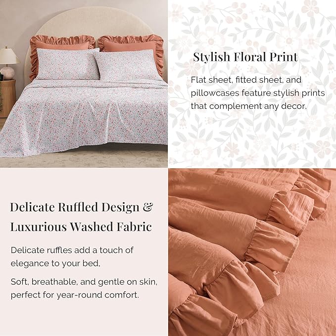 Full Comforter Set - 7 Pieces Ruffle Autumn Leaf Bedding Sets, Shabby Chic Farmhouse Bed in a Bag Full with Ruffle Comforter, Floral Sheets, Pillowcases & Shams