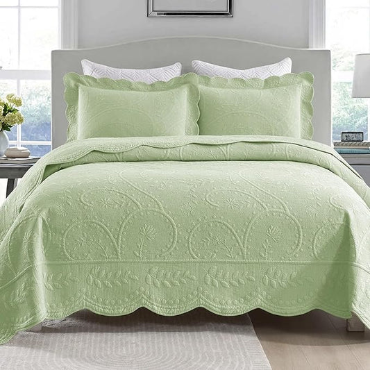 MarCielo 3-Piece 100% Cotton Oversized Bedspread Lightweight Quilt Coverlet Embroidery Farmhouse Bedding Set (TX Pale Green, Oversized Queen (100"x106"))