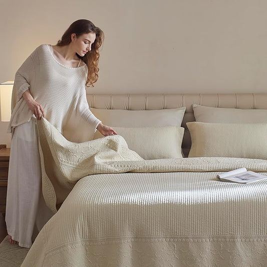 MarCielo 3-Piece 100% Cotton Oversized Bedspread Lightweight Quilt Coverlet Embroidery Farmhouse Bedding Set (TG Yellowish Beige, Oversized Queen (100"x106"))