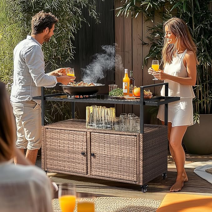 VINGLI Wicker Outdoor Bar Cart with Storage and Wheels, Outdoor Bar Table Serving Cart Rattan Bar Cart with Glass Top and Shelf for Pool, Party, Backyard, Porch (Brown)
