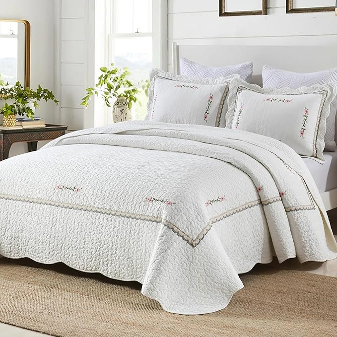MarCielo 3-Piece 100% Cotton Oversized Bedspread Lightweight Quilt Coverlet Embroidery Farmhouse Bedding Set (Sakura White, Oversized Queen (100"x106"))