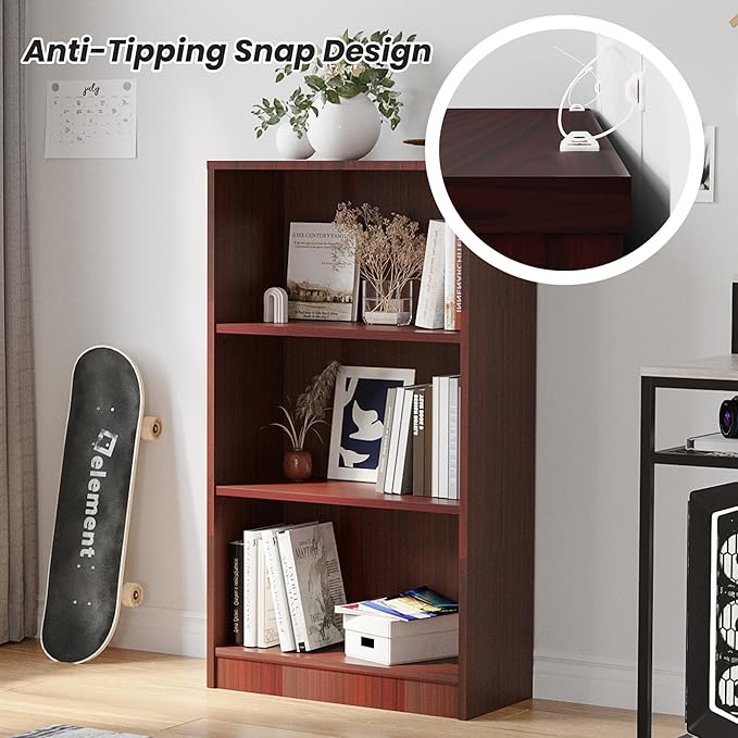 Bookshelf, Open Modern Bookshelf, 3 Shelf Bookcase with Freestanding Display Storage, Wooden Book Shelf for Bedroom, Living Room, Dinning Room, Office,Deep Brown