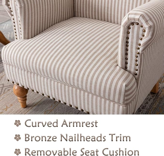 chairus Linen Accent Chair for Living Room Upholstered Mid Century Modern Single Sofa Chair with Solid Wood Legs Comfy Reading Chair Armchair for Bedroom/Office Room/Recption/Lounge, Khaki Stripe