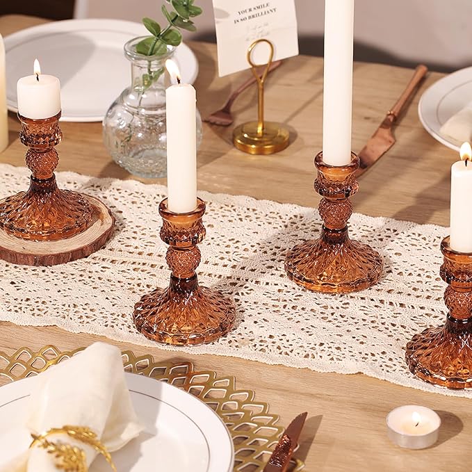 12Pcs Amber Candlestick Holders Set- 4" H Taper Candle Holders Bulk, Glass Candle Holders for Wedding, Party, Fall Dinner Table Centerpieces, Festival Gifts & Windowsill Decor