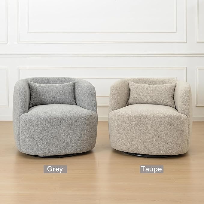 KINWELL 34" Wide Sherpa Swivel Barrel Chairs Set of 2, No Assembly Round Boucle Upholstered Accent Chairs Armchairs Single Sofa Chair with Toss Pillow for Living Room and Bedroom, Gray