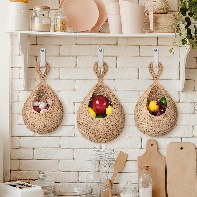 AARAINBOW Boho Wall Hanging Baskets for Kitchen Storage, Fruit Woven Wall Basket 9 Pcs, Hanging Vegetable and Onion Storage with 24 Hooks (Brown)