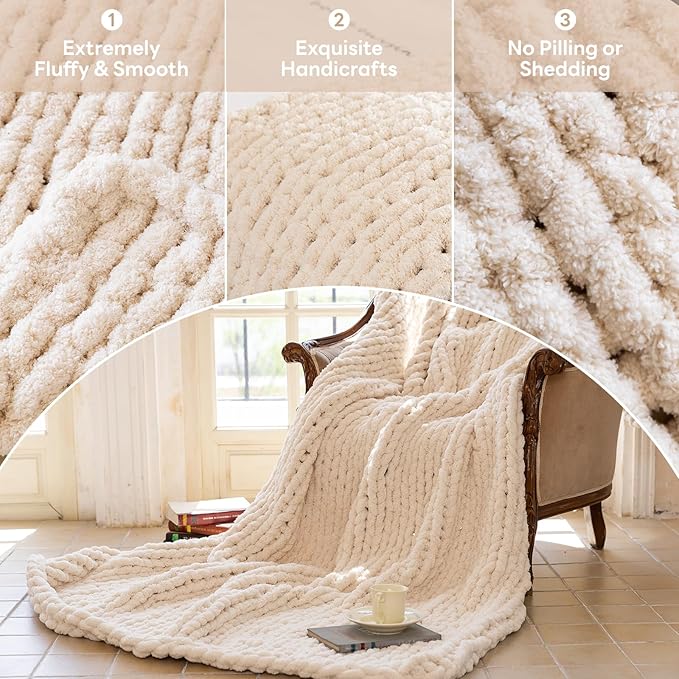 Chunky Knit Blanket - Luxury Soft Cozy 61 * 79 Bold Throw Blanket,100% Woven Blanket Rope Knot Throw Blanket for Couch, Sofa, Home Decor, Gift - Machine Washable(Cream)