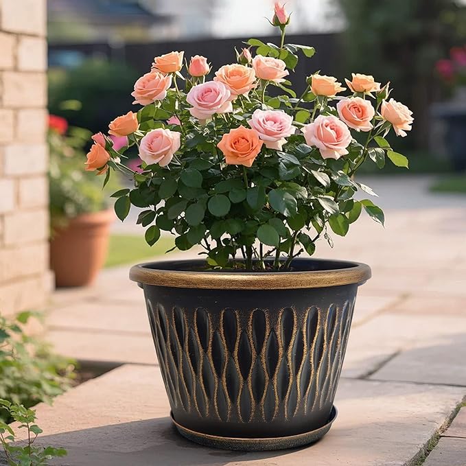 4 Pack 16 Inch Retro Plant Pots, Vintage Striped Flower Pots with Drainage Hole & Saucer, Large Plastic Planters for Indoor and Outdoor Plants, Decorative Garden Pots(Gold)