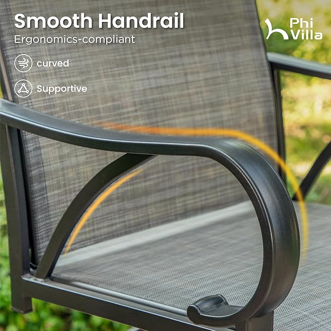 PHI VILLA 3 Piece Outdoor Bar Set, Bar Height Patio Bistro Table and Bar Chairs with Gray Textilene Fabric & Rustproof Metal Frame for Backyard, Balcony, Garden Poolside