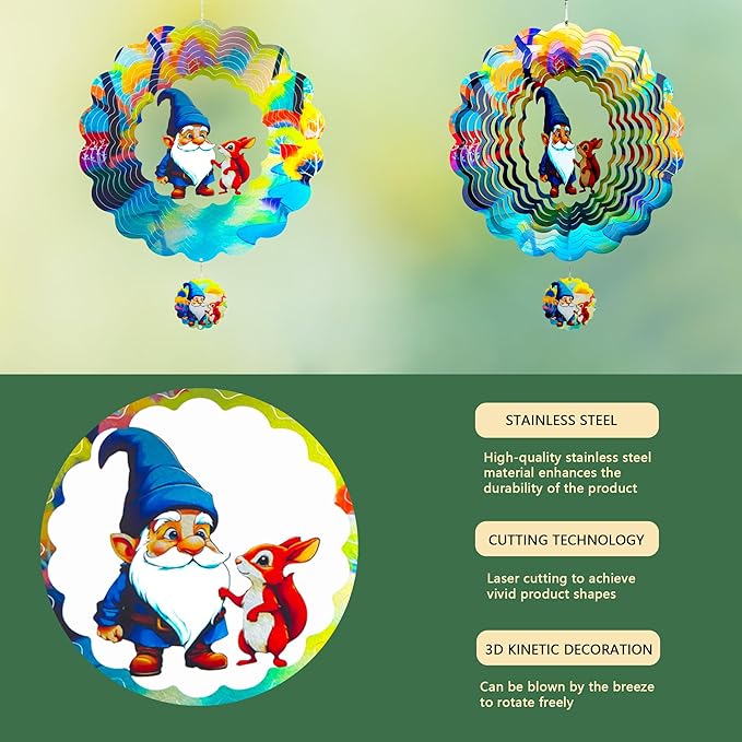 Gnomes Hanging Wind Spinners,12 Inch 3D Garden Spinner Kinetic Art Garden Decorations,Stainless Steel Reflective Wind Spinners for Yard