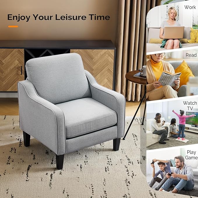 VINGLI Modern Accent Chairs Set of 2, Grey Living Room Chairs Comfy Armchair for Bedroom, Upholstered Sofa Chair Reading Chair for Small Spaces, Apartment, Waiting Room