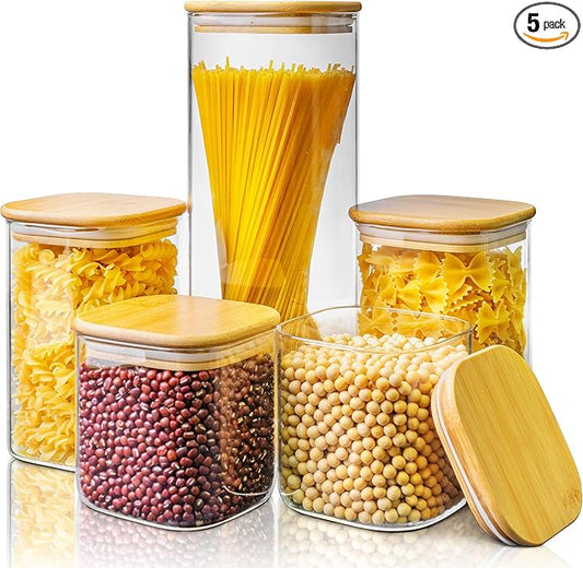 Multi Size - 5 Pack Square Glass Jars with Bamboo Lids, Glass Food Storage Containers with Airtight Lids for Kitchen, Air Tight Pantry Storage Containers for Cereal, Pasta, Rice, Sugar, Coffee, Spice