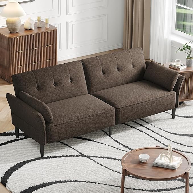 89” Futon Sofa Bed, Linen Comfy Futon Couch Bed with 2 Square Pillows, Convertible Sleeper Sofa with Adjustable Backrest& Armrests, Modern Loveseat Sleeper for Living Room, Bedroom, Brown