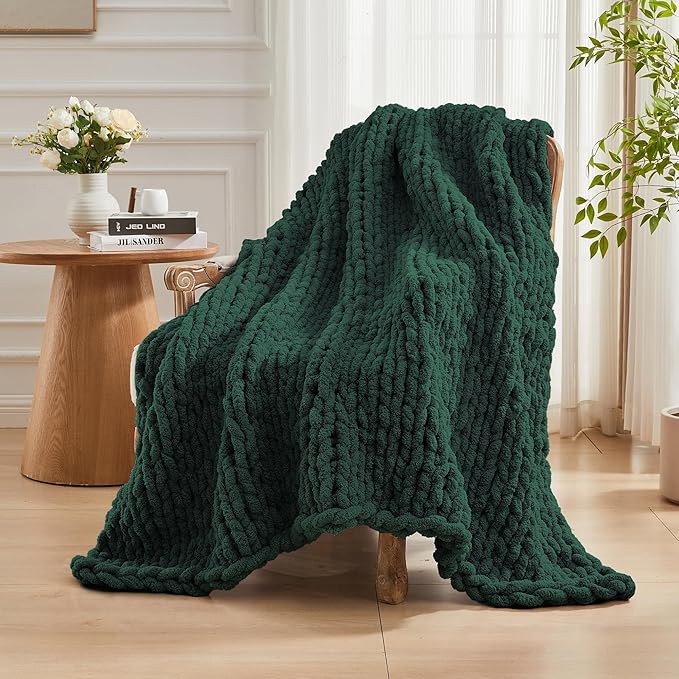 Carriediosa Chunky Knit Throw Blanket 50" X 60", 100% Hand Made Large Chenille Loop Yarn Soft Fluffy Throws for Couch Sofa Bed, Big Crochet Cozy Heavy Thick Cable Woven Blankets, Dark Green