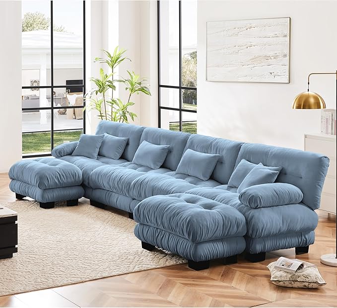 Modular Sectional Sofa, Comfy Cloud Couch 4 Seater Couch with Ottoman, Sectional Couches for Living Room, Modern Chenille U Shaped Couches, Sleeper Deep Seat Sofa with Throw Pillows, Blue