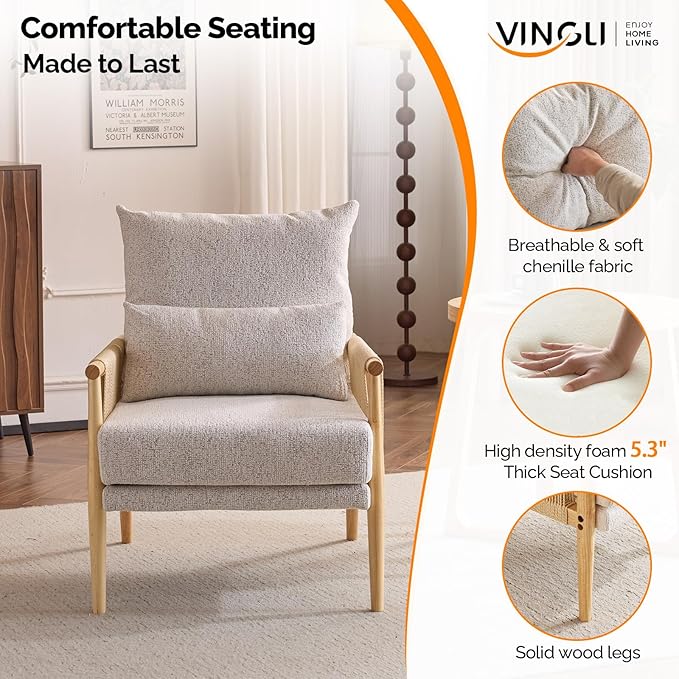 VINGLI Boho Braid Accent Armchairs Set of 2,Mid-Century Modern Chiars with Solid Wooden Armrest,Comfy Louge Cushion Chairs with Waist Pillow for Bedroom,Living Room,Reading Room, Light Grey