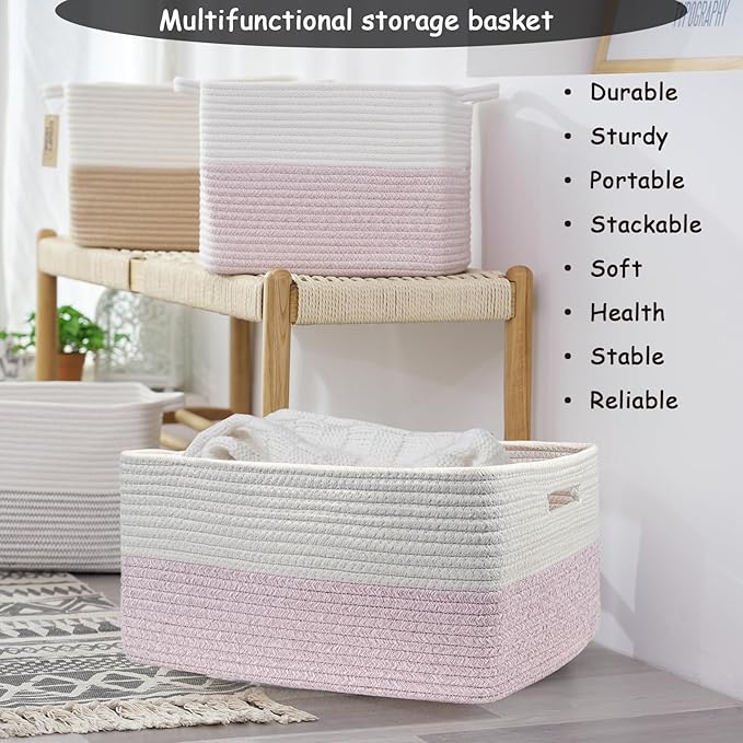 COMFY-HOMI Cotton Rope Woven Basket with Handles for Shelves,Toys,Book, Cloth Storage Baskets for Organizing-17" x 13" x 7.5" Toy Decorative Organizer for Living Room, Bathroom (white/pink)