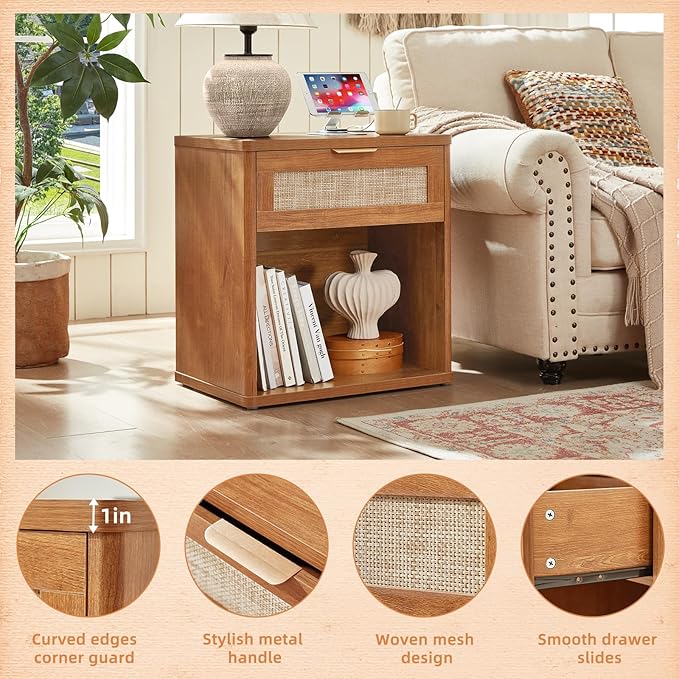 LEYAOYAO Boho Rattan Coffee Table Sets 2 Pieces, Nightstand with Charging Station and Coffee Table with Hidden Storage Compartment, Brown Living Room Table Set, Wood Furniture Sets for Home Office