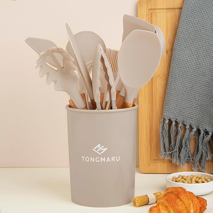 Silicone Cooking Utensils Set, Premium Beech Wood Handle Kitchen Gadgets Utensil Set, Non-Stick Kitchen Utensils Spatula, Tongs, Turner, Whisk, Brush, Spoon, BPA FREE, 446°F Resistant (Khaki)