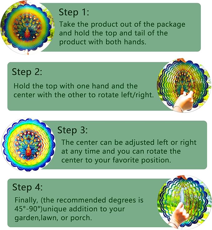 Peacock Hanging Wind Spinners,12 Inch 3D Garden Spinner Kinetic Art Garden Decorations,Stainless Steel Reflective Wind Spinners for Yard