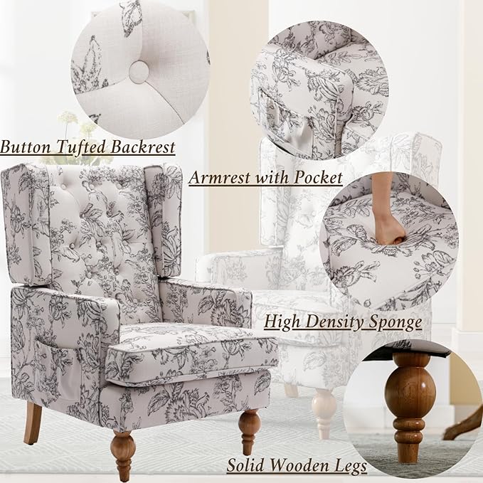 Mid-Century Accent Chair, Upholstered Arm Chair Linen Fabric Side Chair with High Back Solid Wooden Legs, Comfy Reading Chair for Living Room Bedroom, Floral Pattern