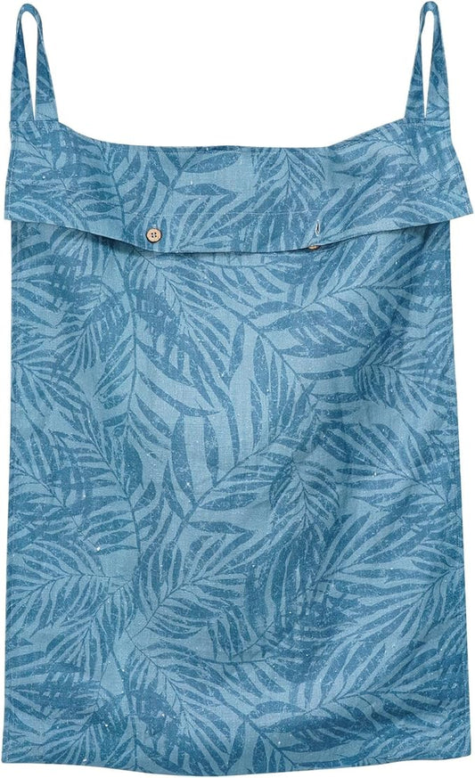 Linen Hanging Laundry Bag, 100% Linen Leaf Print Over The Door Laundry Hamper with Buttons and Zipper, Space Saving Door Hampers for Laundry Dirty Clothes Home Travel, Blue, 19.7x27.5inches