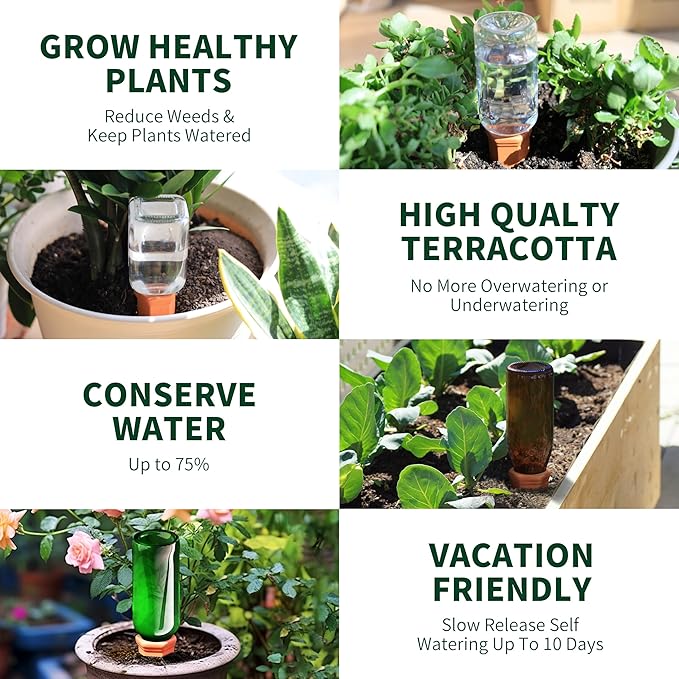 Terracotta Watering Spikes, Wine Bottle Watering Stakes, Slow Release Self Watering Planter Insert for Out | Indoor Plants, Vacation Plant Watering Devices, Automatic Plant Waterer, 4-Pack