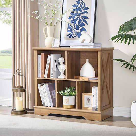 Farmhouse 5 Cube Bookshelf, Storage Organizer Bookcase, Kids Toy Storage Cabinet, Small Bookshelves Storage Organizer Shelf, Wood Display Cabinet Book Shelves for Bedroom,Living Room,Natural Oak