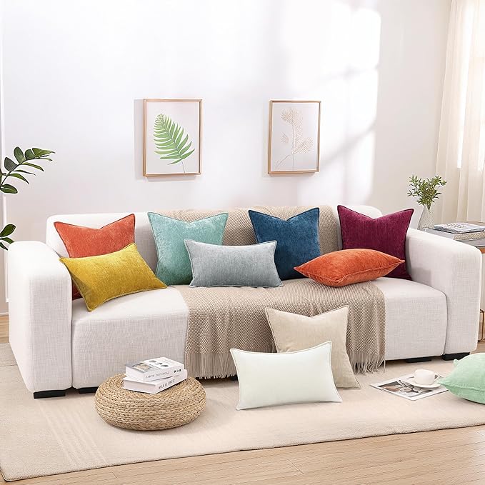 decorUhome Fall Couch Throw Pillow Covers 26x26 Set of 2, Decorative Soft Euro Neutral Chenille Pillow Covers with Elegant Design for Sofa Bed Living Room Home Decor, Rust