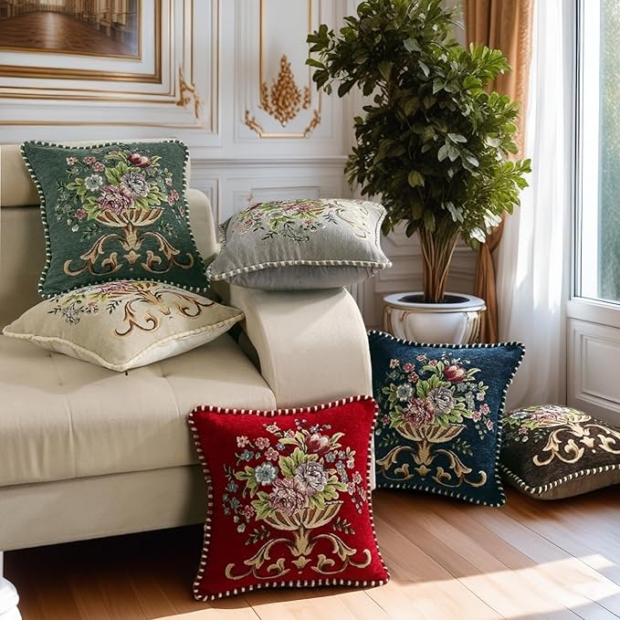 Set of 2 Red Vintage Embroidered Throw Pillows Covers 18x18in Sofa Couch,Red Floral Embroidered Cushion Cover for Sofa Bed Chairs Car