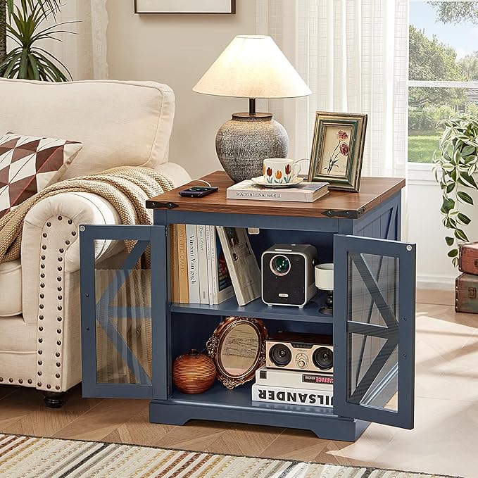 Farmhouse End Table Set of 2 with Charging Station, 24" Large Sofa Side Table with Glass Barn Door, Night Stand with Adjustable Shelf, Wood Nightstand, Square Bed Side Table for Living Room,Bedroom