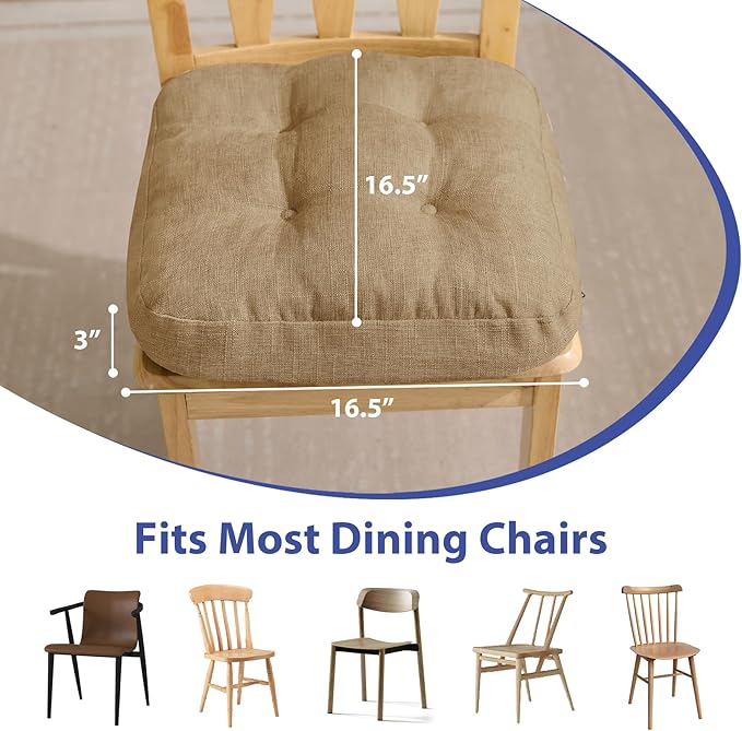 Chair Cushions for Dining Chairs, Dining Chair Cushions, Tufted Indoor Chair Pads with Ties & Non Slip Backing, Seat Cushions for Kitchen Chairs 16.5” x 16.5” x 3.5”, Set of 6, Khaki