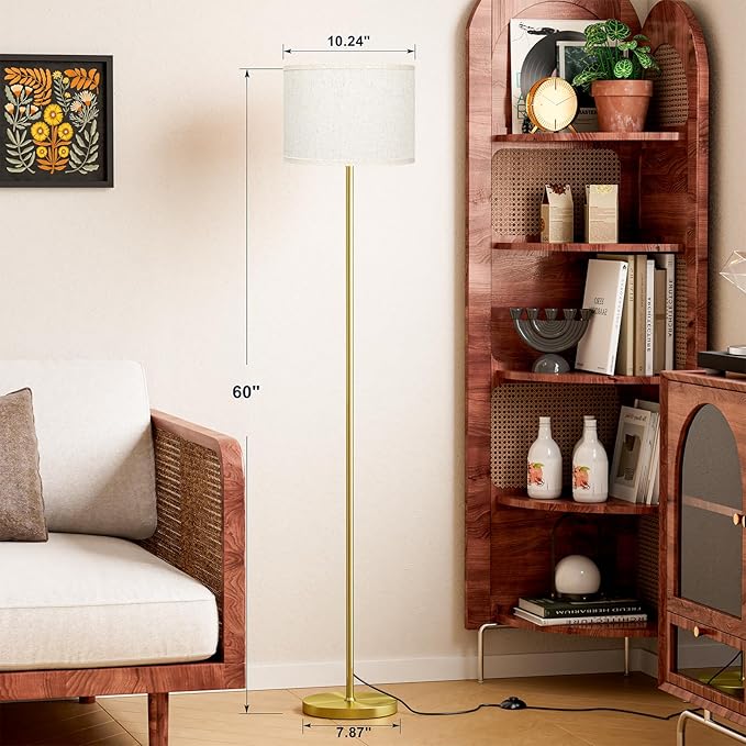 Ambimall 60'' Modern Floor Lamp with Shade, Tall Lamps for Living Room, Bedroom, Office, Dining Room, Beige Shade with Brushed Gold Pole(Without Bulb)