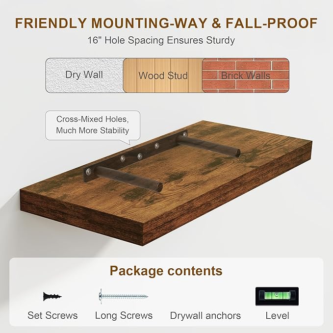 Floating Shelves 36 Inch Long, Deep Floating Shelf for Wall, 36 x 8 Floating Shelves Set of 2, 8 Inch Deep Wall Shelves for Living Room, Kitchen, Bedroom, Large Storage Shelves, Rustic Brown