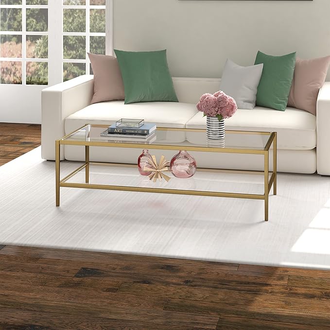 Henn&Hart 54" Wide Rectangular Coffee Table with Glass Shelf in Antique Brass, Modern coffee tables for living room, studio apartment essentials