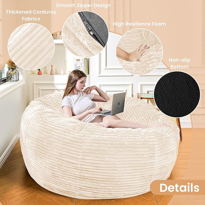 Large Bean Bag Chair, 6FT Giant Beanbag Chairs with Memory Foam Filled, Bean Bag Chairs for Adults, Ultra Soft Lazy Sofa for Living Room Bedroom (White)