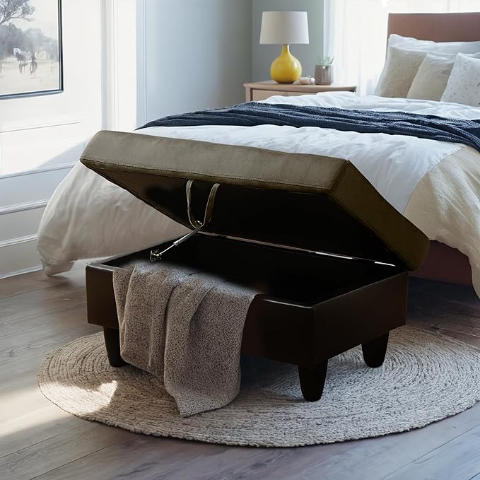 Ottoman Rectangular Storage Ottoman Bench, Flannel Footrest Stool Footstool with Lid for Living Room, Bedroom, Entryway, Taupe&Black, 35"x23.5"x17.5"