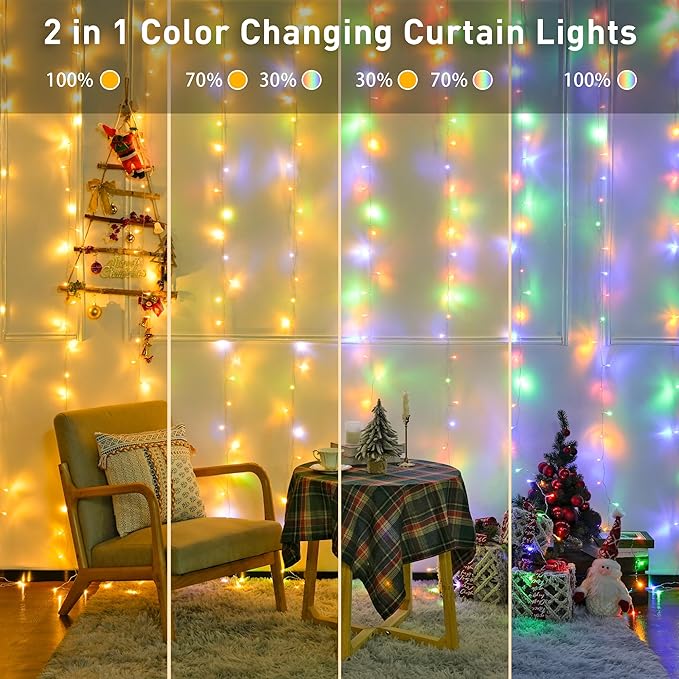 JMEXSUSS 300LED Dual Color Changing Curtain Lights with Remote, 9.8 x 9.8ft Connectable Plug in Christmas String Lights for Bedroom Backdrop Outdoor Decor, Warm White to Multicolor