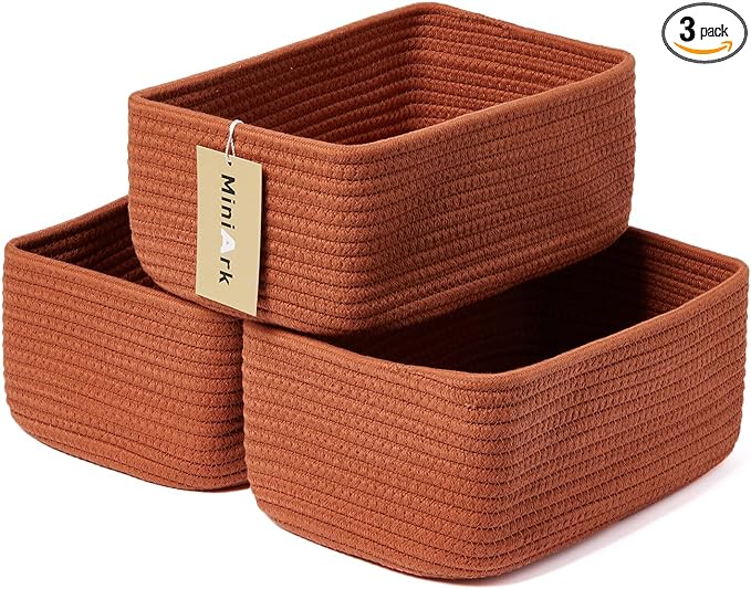 Small Storage Baskets for Organizing | Closet Organizer Bins | Shelf Toy Basket | Woven Rope Baskets | Cube Decorative Box | Shallow Basket | 11.5x7.5x4.7” | 3 Packs Oxide Red