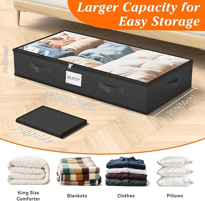 SpaceWhisper 90L Under Bed Storage Containers, 8-Pack Storage Bins with Clear Top, Foldable Closet Organizers and Storage with Label Holder for Clothing, Blankets, Comforter & Pillows(Black)