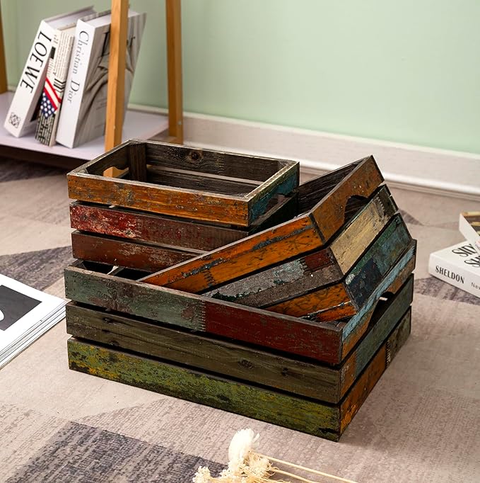 TIMRIS Set of 3 Rustic Distressed Wood Nesting Crates, Farmhouse Decorative Wooden Storage Boxes, Large Vintage Reclaimed Wood Baskets for Display (Random)