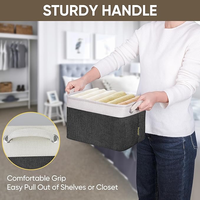 BALEINE 2 Pack Fabric Storage Bins for Shelves, Linen Storage Baskets for Organizing, Decorative Closet Bins for Clothes, Home (Black, 12"x8"x8")